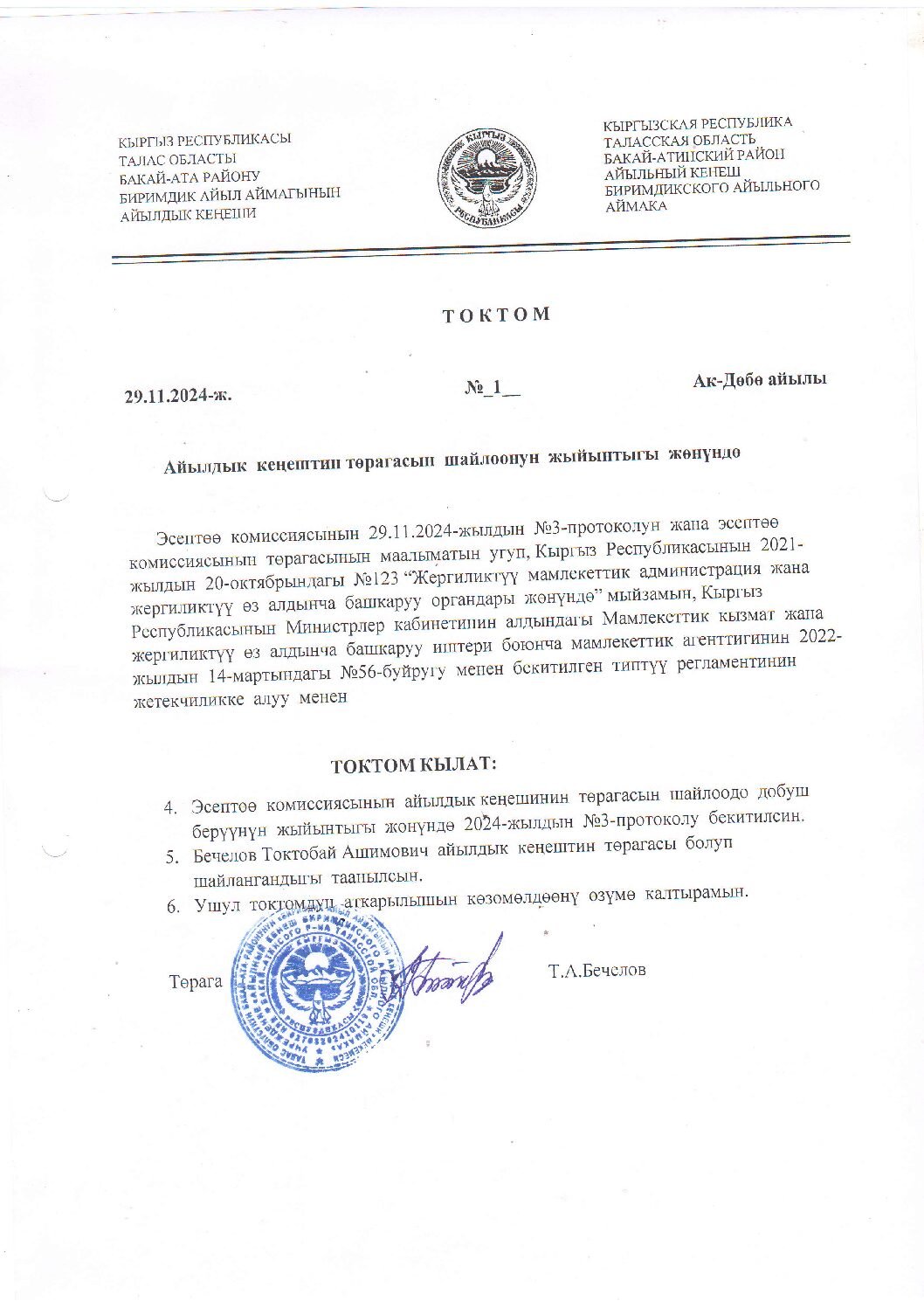 Айылдык Кеңештин төрагасын шайлоонун жыйынтыгы жөнүндө